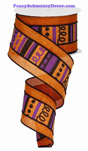 2.5" X 10 yd Loopy Stripes W/Cross Bars Orange Purple Black Wired Ribbon