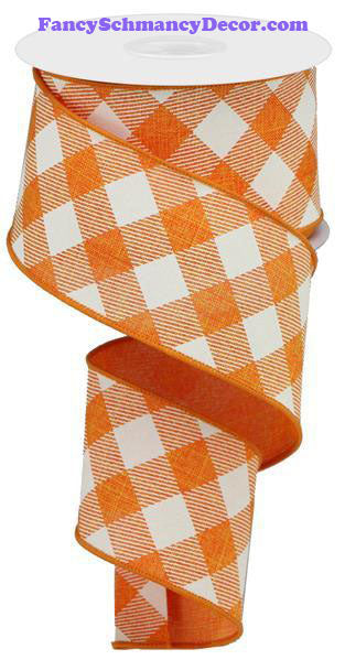 2.5" X 10 yd Diagonal Check On Royal Orange Ivory Wired Ribbon