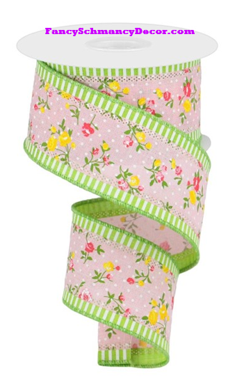 2.5" X 10 yd 3 In 1 Vintage Floral/Stripe Pastel Pink Lime White Wired Ribbon
