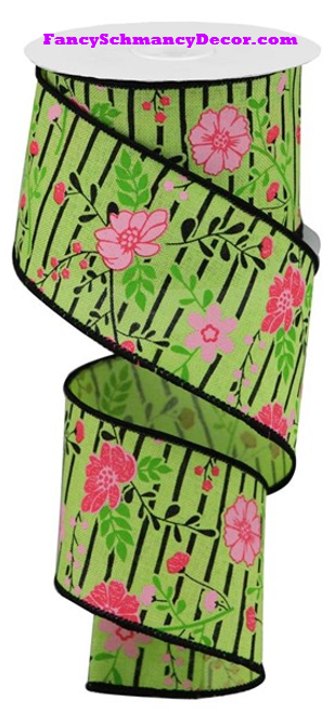 2.5" X 10 yd Floral Lines On Royal Bright Green/Multi Pink/Black Wired Ribbon