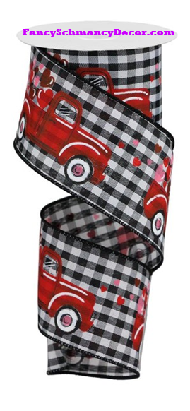 2.5" X 10 yd Truck W/ Hearts Gingham Check Wired Ribbon