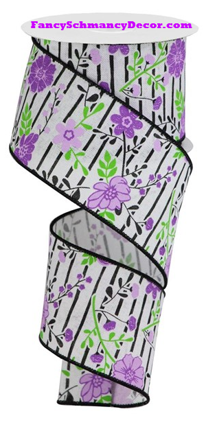 2.5" X 10 yd Floral Lines On Royal White/Lavender/Green/Black Wired Ribbon