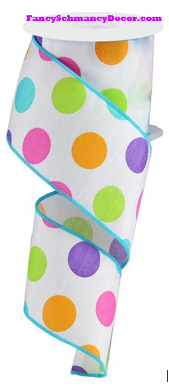 2.5" X 10 yd Multi Polka Dots/Faux Dupioni White Purple Pink Orange Lime Turquoise Wired Ribbon