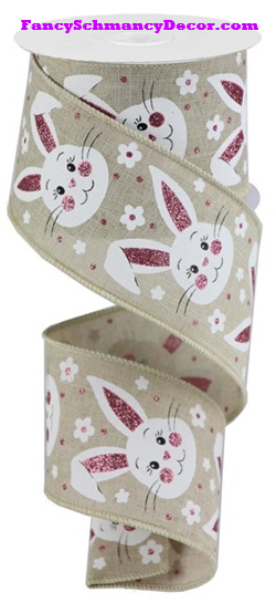 2.5" X 10 yd Bunny Faces W/ Glitter On Royal Wired Ribbon