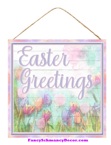 10"Sq Mdf Easter Greetings/Tulip Sign