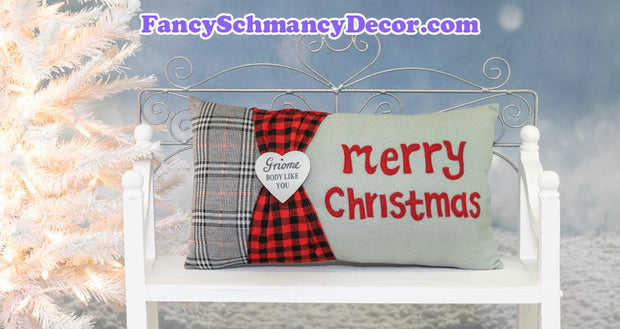Merry Christmas Gnome Grey Plaid Christmas Accent Pillow