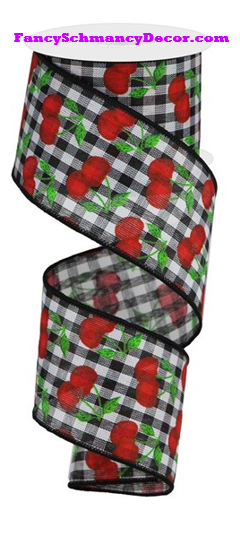 2.5" X 10 yd Cherries On Gingham Check Wired Ribbon