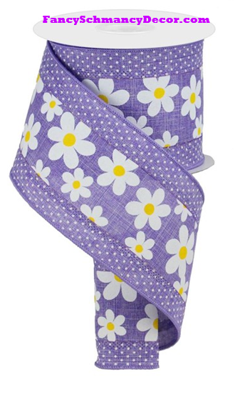 4" X 10 yd 3 In 1 Daisy/Swiss Dots Lavender/White/Yellow Wired Ribbon