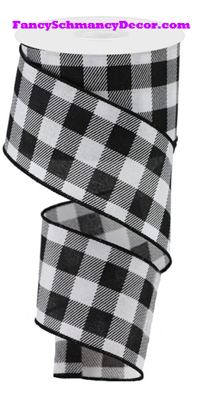 2.5" X 10 yd Striped Check On Black White Royal Wired Ribbon