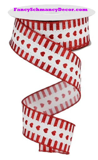 1.5" X 10 yd Hearts W/ Stripe Border On Royal Wired Ribbon