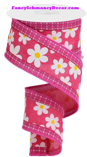 2.5" X 10 yd 3 In 1 Daisy/Squares Hot Pink/White/Yellow/Fuschia Wired Ribbon