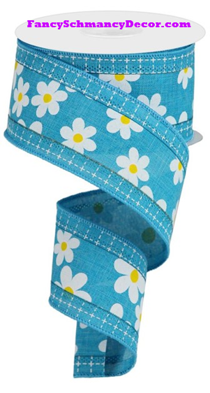2.5" X 10 yd 3 In 1 Daisy/Squares Turquoise/White/Yellow Wired Ribbon