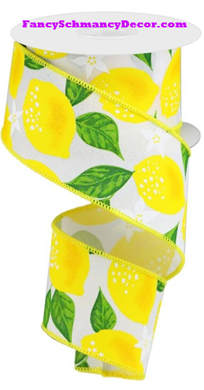 2.5" X 10 yd Lemons On Royal White/Yellow/Green Wired Ribbon