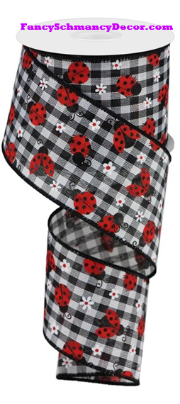 2.5" X 10 yd Mini Ladybugs/Check Black White Red Wired Ribbon