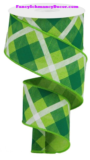 2.5" X 10 yd Printed Plaid On Lime Green White Royal Wired Ribbon
