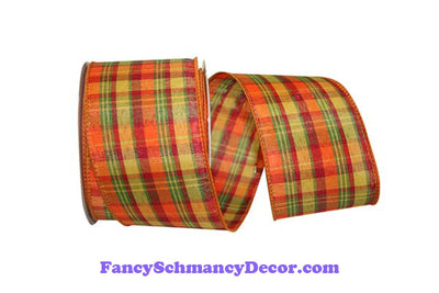 2.5" x 10 yds Planters Plaid Orange Green Yellow Wired Edge Ribbon