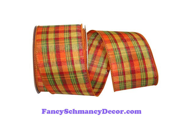 2.5" x 10 yds Planters Plaid Orange Green Yellow Wired Edge Ribbon