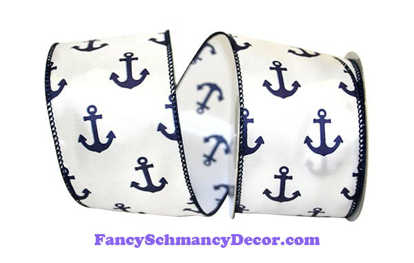 2.5" x 10 yd Anchors Away White Navy Wired Edge Ribbon