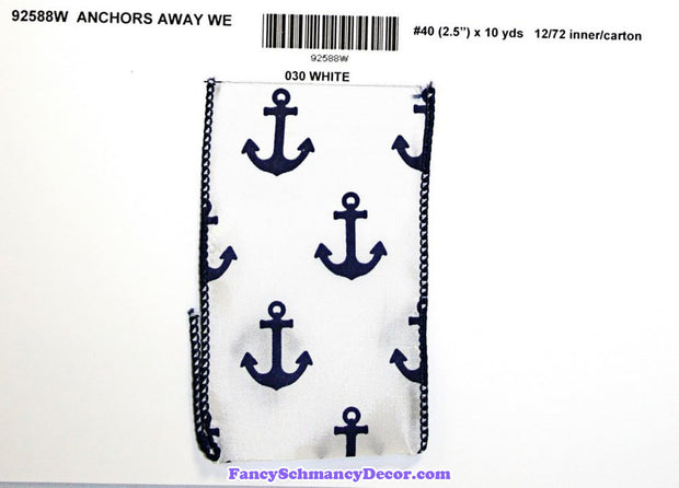 2.5" x 10 yd Anchors Away White Navy Wired Edge Ribbon