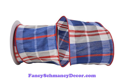 4" x 10 yds Plaid Americana Red White and Blue Dupioni Grand Wired Edge Ribbon