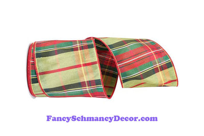 4" Danville Green Red Plaid Dupioni Grand Wired Edge Ribbon