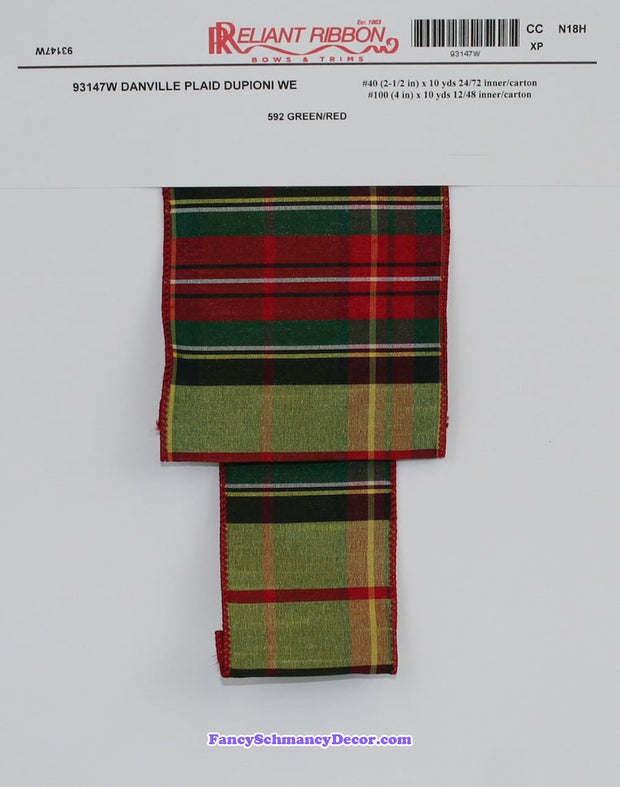 4" Danville Green Red Plaid Dupioni Grand Wired Edge Ribbon