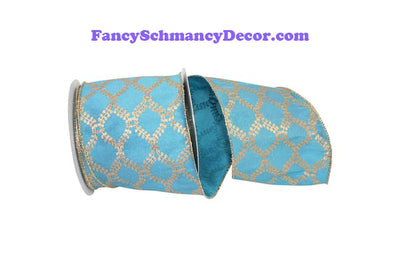 4" x 10 yds Turquoise Filigree Crest Dupione Wired Edge Ribbon