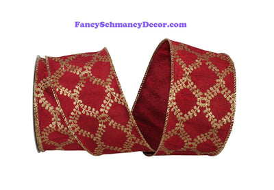 2.5" x 10 yds Scarlet Gold Filigree Crest Dupione Wired Edge Ribbon