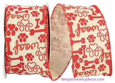 2.5" x 10 yds Dog Bone and Paws Hopsack Wired Edge Ribbon