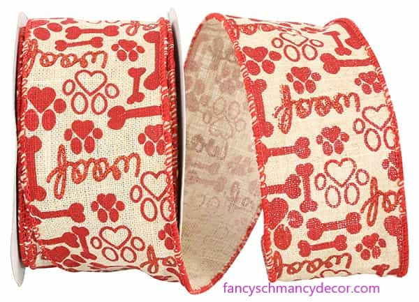 2.5" x 10 yds Dog Bone and Paws Hopsack Wired Edge Ribbon