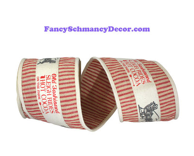 4" x 5 yds Natural Red Black Vintage Natural Ticking Wired Edge Ribbon