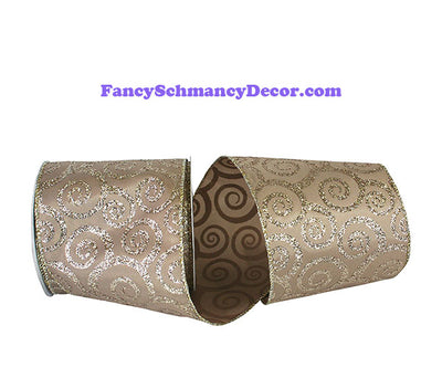 4" Champagne Swirl Glitter Taffeta Wired Edge Ribbon