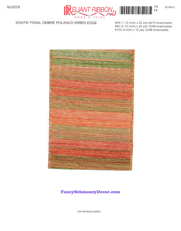 4" x 10 yds Orange Green Tonal Ombre Polanco Wired Edge Ribbon