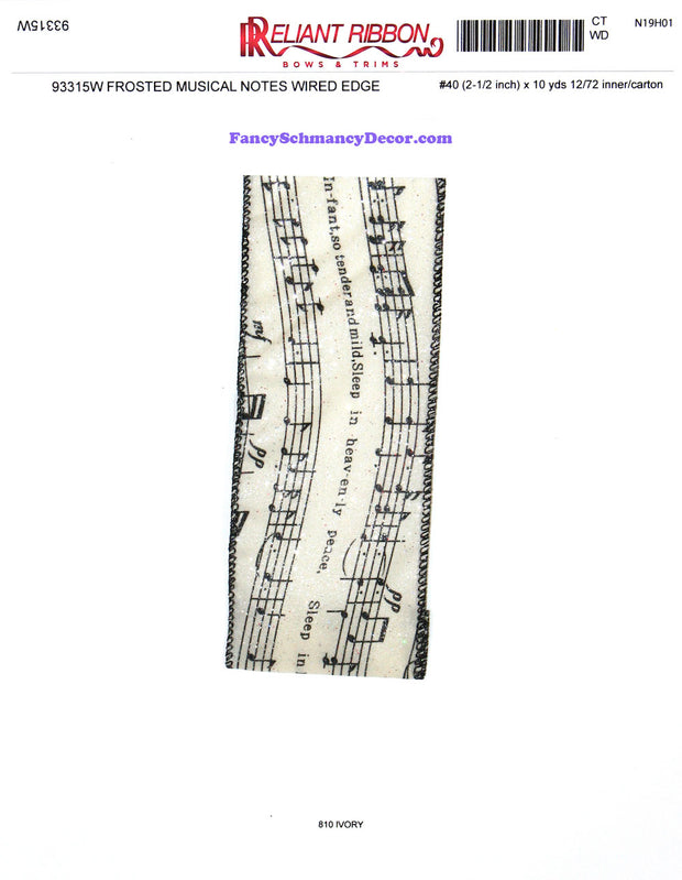 2.5" x 10 yds Ivory Black Frosted Musical Notes Wired Edge Ribbon