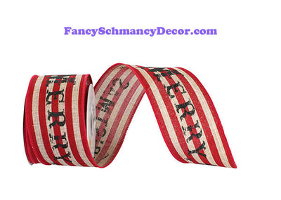 2.5" x 10 yds Natural Red Merry Christmas Striped Linen Wired Edge Ribbon