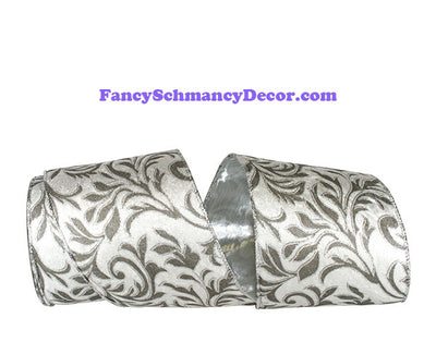 4" x 10 yds Silver Filigree Leaves Plush Velvet Silver Back Wired Edge Ribbon
