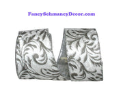 2.5" x 10 yds Silver Filigree Leaves Plush Velvet Silver Back Wired Edge Ribbon