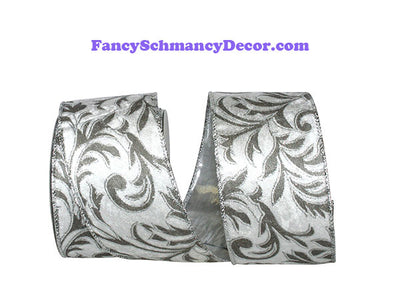 2.5" x 10 yds Silver Filigree Leaves Plush Velvet Silver Back Wired Edge Ribbon
