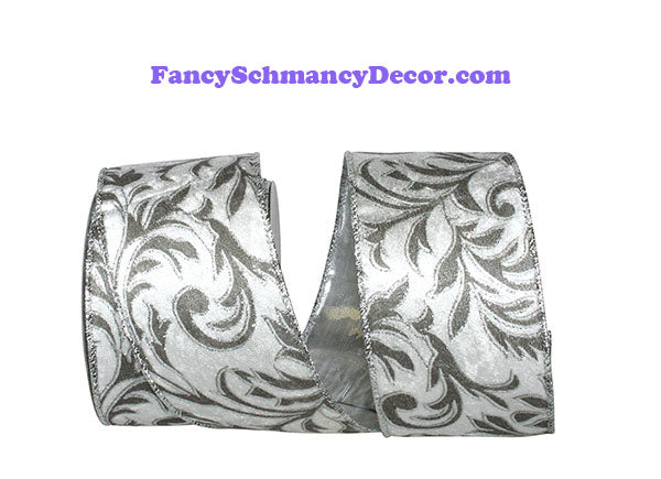 2.5" x 10 yds Silver Filigree Leaves Plush Velvet Silver Back Wired Edge Ribbon