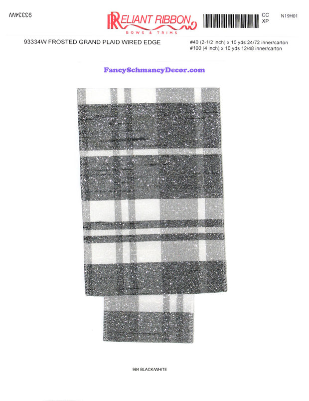 2.5" x 10 yds Black White Frosted Grand Plaid Wired Edge Ribbon