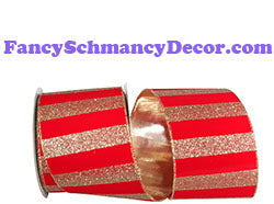 4" x 10 yds Red Gold Glitter Bars Striped Velvet Gold Back Wired Edge Ribbon