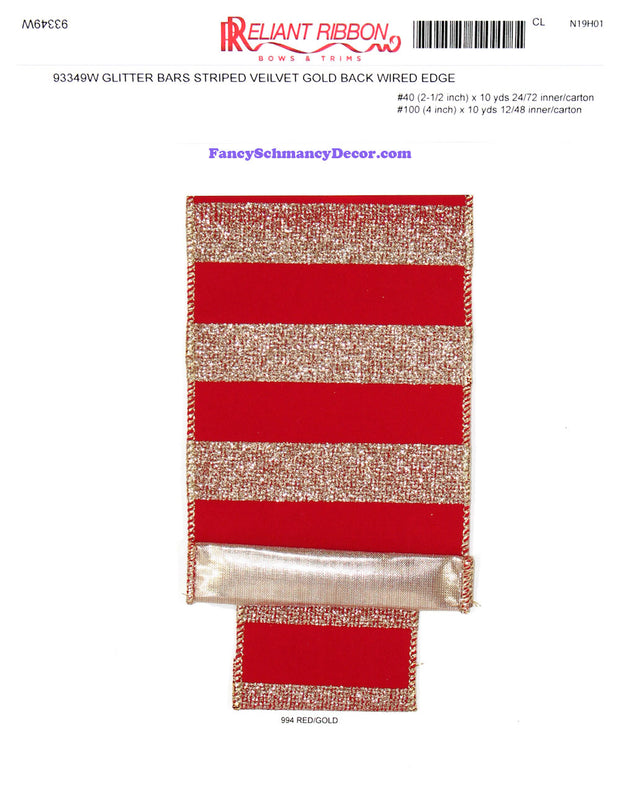 4" x 10 yds Red Gold Glitter Bars Striped Velvet Gold Back Wired Edge Ribbon