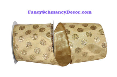 4" x 10 yds Gold Lame Dupioni Gold Glitter Dot Wired Edge Ribbon