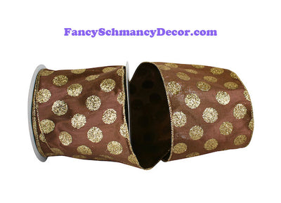 4" x 10 yds Brown Lame Dupioni Gold Glitter Dot Wired Edge Ribbon