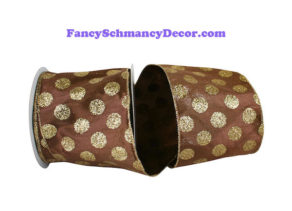 4" x 10 yds Brown Lame Dupioni Gold Glitter Dot Wired Edge Ribbon