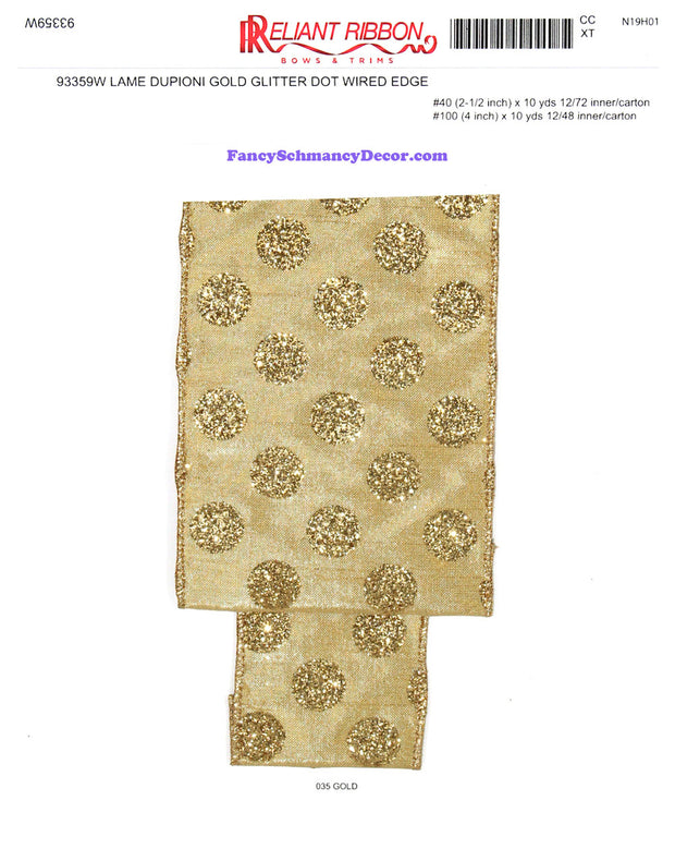 4" x 10 yds Gold Lame Dupioni Gold Glitter Dot Wired Edge Ribbon