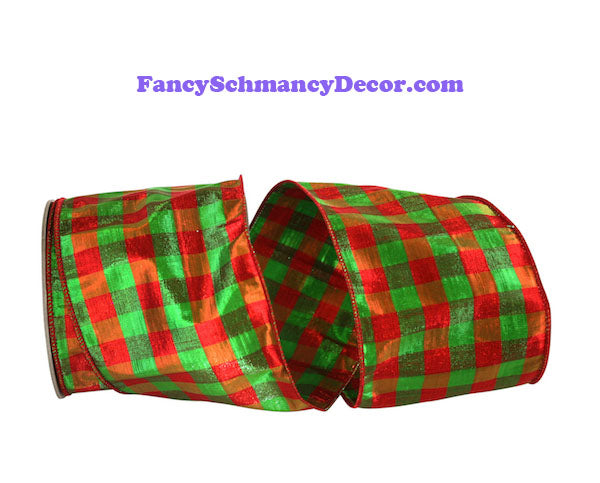 4" x 10 yds Red Green Lame Gingham Check Dupioni Metallic Wired Edge Ribbon
