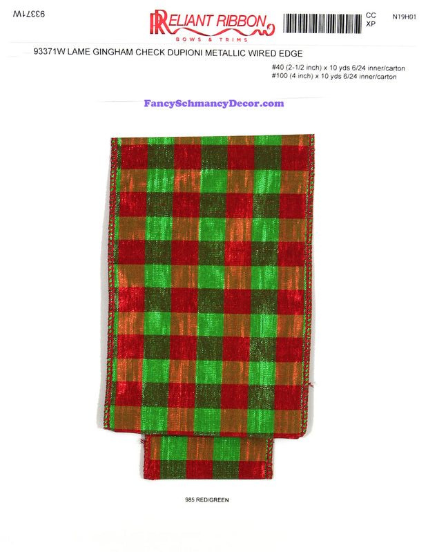 4" x 10 yds Red Green Lame Gingham Check Dupioni Metallic Wired Edge Ribbon
