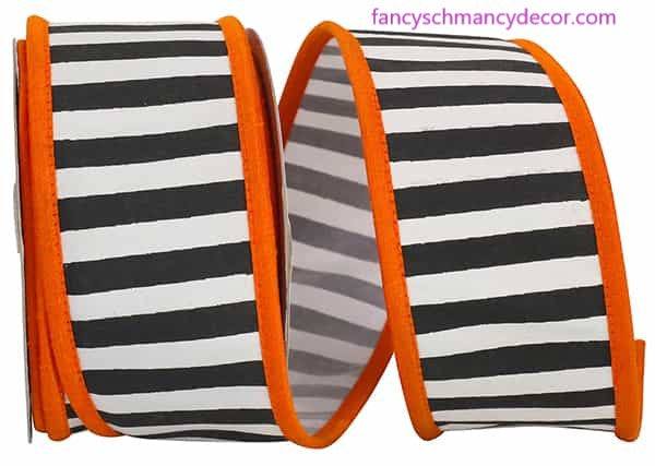 2.5" x 10 yds Railroad Striped Deluxe Folded Orange Heavy Wired Edge Ribbon