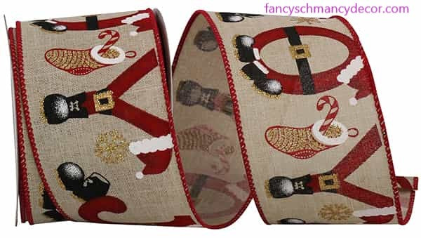 2.5" x 10 yds Joy Letters Santa Garb Linen Wired Edge Ribbon